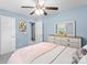 Bedroom with blue walls featuring a full bed, ceiling fan, dresser, and two windows at 2213 Iron Works Dr, Clover, SC 29710