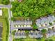 Aerial view of townhomes showing lot lines surrounded by lush trees in a well maintained community at 4848 Fonthill Ln, Charlotte, NC 28210