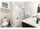 Bathroom featuring a shower-tub combination, single sink vanity, and commode at 5215 Star Magnolia Ct, Clover, SC 29710