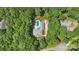 Aerial view of a house nestled among mature trees, featuring a pool and manicured lawns at 5812 Morgan Park Dr, Monroe, NC 28110
