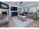 Inviting living room with a fireplace, comfortable seating, and bright natural light at 6914 Evanton Loch Rd, Charlotte, NC 28278