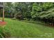 Expansive backyard features lush green lawn, mature trees, and landscaped garden beds, creating a serene outdoor retreat at 8008 Alba Ct, Charlotte, NC 28269