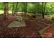 Wood chip path in backyard leads through a serene wooded area with mature trees and lush foliage at 8008 Alba Ct, Charlotte, NC 28269