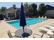 Community pool featuring lounge chairs, tables, and a blue umbrella at 8230 Viewpoint Ln, Cornelius, NC 28031