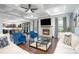 Cozy living room with coffered ceiling, stone fireplace, hardwood floors, and large windows at 9032 Cornflower Dr, Harrisburg, NC 28075
