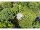 Aerial view of a two-story home with a gray roof surrounded by lush green trees at 116 Oak Creek Dr, Charlotte, NC 28270