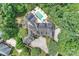 Aerial view showcases the home's backyard pool, patio, and mature landscaping at 11710 Ney Manor Way, Charlotte, NC 28277