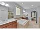 Bright bathroom featuring a large tub, double sinks, and walk-in shower at 1355 Cilantro Ct, Fort Mill, SC 29708