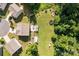 Aerial view of the home, backyard, firepit and surrounding neighborhood at 2021 Tarzi Ln, Charlotte, NC 28215