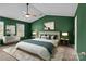 Beautiful bedroom features striking green walls, a ceiling fan, and large windows for natural light at 2021 Tarzi Ln, Charlotte, NC 28215