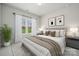 Comfortable bedroom featuring two windows with view, bedside tables, lamps, and stylish wall art at 203 Balboa St, Matthews, NC 28104