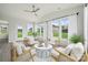 Bright sunroom featuring four comfortable chairs, a ceiling fan, and four windows with lovely backyard views at 203 Balboa St, Matthews, NC 28104