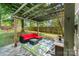 Outdoor seating area with pergola, stylish red cushioned seating, and stone patio at 2206 Waters Trail Dr, Charlotte, NC 28216