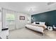 Modern bedroom featuring a stylish bed frame, carpeted floors, and natural light from the two windows at 2217 Goldwood Dr, Charlotte, NC 28215