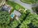 Aerial view showcasing a home with a pool, deck, and lush backyard greenery, nestled among mature trees at 3225 Mill Pond Rd, Charlotte, NC 28226