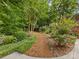Landscaped backyard featuring a mulched pathway, lush greenery, and blooming bushes with a fence in the background at 3225 Mill Pond Rd, Charlotte, NC 28226