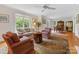 Bright living room featuring a ceiling fan, large windows, and comfortable seating at 3225 Mill Pond Rd, Charlotte, NC 28226