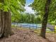 Blue community tennis courts surrounded by a wooden fence and lush greenery at 3225 Mill Pond Rd, Charlotte, NC 28226