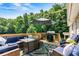 Entertain on this deck with comfortable seating, fire pit, and grill, surrounded by lush greenery at 454 N Eastway Dr, Troutman, NC 28166
