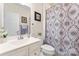 Well lit bathroom with a large mirror, a decorative shower curtain, and white vanity with ample storage at 5079 Skyfest Dr, Charlotte, NC 28215