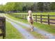Beautiful horse gracefully running down a gravel path surrounded by lush greenery and fences at 7712 Old Waxhaw Monroe Rd, Waxhaw, NC 28173