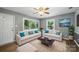 Inviting living room featuring modern sofas, hardwood flooring, and great natural light at 9818 Starwood Dr, Charlotte, NC 28215