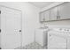 Convenient laundry room with a white washer and dryer and ample storage in gray cabinets at 130 Slalom St, Statesville, NC 28677