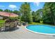 Backyard pool with patio set and wooded surround at 231 Valley View Dr, Clover, SC 29710