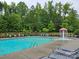 Community pool with lounge chairs, a mushroom water feature, and a lush green backdrop for relaxation at 2760 Berkhamstead Cir, Concord, NC 28027