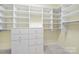 This walk-in closet features built-in shelving and drawer storage and carpet floors at 35115 Carnation Ln, Fort Mill, SC 29707
