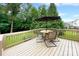 A wood deck has an outdoor dining table and chairs, with an umbrella, and a fenced yard view at 3807 Blazeprince Dr, Charlotte, NC 28215
