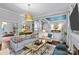 Open-concept living room with hardwood floors, fireplace, modern decor, and access to the dining area at 413 E Worthington Ave, Charlotte, NC 28203