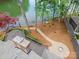 Aerial view of backyard with a brick fireplace, stone walking path, and stairs to a deck at 449 Windward Dr, Davidson, NC 28036