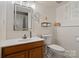 Bathroom featuring a wood vanity, toilet, decorative mirror, shelf and updated lighting at 7018 Rollingridge Dr, Charlotte, NC 28211