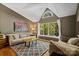 Cozy living room with vaulted ceiling, hardwood floors, large windows, and a comfortable sofa at 7018 Rollingridge Dr, Charlotte, NC 28211