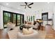 Open-concept living room featuring hardwood floors, sliding glass doors, stylish furniture, and modern lighting fixtures at 1626 Burtonwood Cir, Charlotte, NC 28212