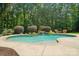 Backyard featuring an in-ground pool with a waterfall feature, mature trees, and patio area at 167 Logan Crossing Dr, Davidson, NC 28036