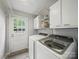Laundry room with modern washer and dryer, white cabinets, and convenient outdoor access at 2026 Knell Dr, Charlotte, NC 28212
