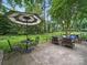 Enjoy the outdoors in this backyard patio with seating and an umbrella surrounded by lush green landscaping at 2026 Knell Dr, Charlotte, NC 28212