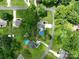 Aerial view of a home with an inviting backyard pool, lush greenery, and well-maintained landscaping at 240 Hillcrest Dr, Harrisburg, NC 28075