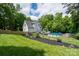 A well-manicured backyard featuring an above-ground pool, lush lawn, and tasteful landscaping at 240 Hillcrest Dr, Harrisburg, NC 28075