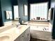 Bathroom featuring dual sinks, a window encased tub, and dark teal walls at 3110 Richards Way Dr, Rock Hill, SC 29732