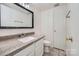 This bathroom features white cabinetry with a gray countertop, toilet, and mirrored vanity at 6221 Round Hill Rd, Charlotte, NC 28211
