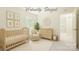 Bright, virtually staged Bedroom features wood crib, neutral furnishings and charming decor at 6221 Round Hill Rd, Charlotte, NC 28211