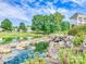 Scenic community pond with a waterfall, rock features, and lush greenery at 8725 Soaring Eagle Ln, Waxhaw, NC 28173