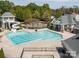 Community pool featuring a water slide, clubhouse, and ample seating areas at 8725 Soaring Eagle Ln, Waxhaw, NC 28173