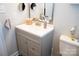 Clean half-bath featuring a gray vanity with brushed nickel hardware, a white toilet, and fresh decor at 9805 Coatbridge Dr, Charlotte, NC 28269