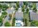 Aerial view of a home with a backyard pool and well-manicured landscaping in a residential neighborhood at 1211 Gold Rush Ct, Fort Mill, SC 29708
