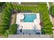 An aerial view of the in-ground pool, travertine patio, and manicured landscaping at 1211 Gold Rush Ct, Fort Mill, SC 29708