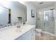 Modern bathroom with a glass-enclosed shower, mosaic tile accents, and a sleek vanity with ample counter space at 13422 Calloway Glen Dr, Charlotte, NC 28273